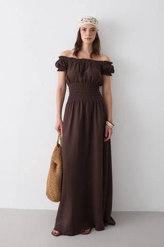 Kahverengi Büzgülü Elbise - 2002 Kahverengi