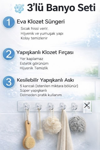 Primeaks 3 Lü Banyo Seti Eva Klozet Süngeri, Duvara Yapışan Klozet Fırçası Ve 5 Kancalı Yapışkanlı Askı Çok renkli