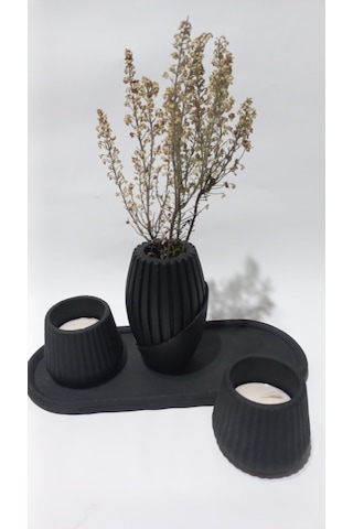 İskandinav Tabaklı Vazolu Tealight Mumluk Set Siyah