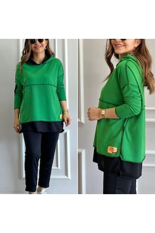 The İstanbul Kadın Yeşil Kapşonlu Etek Ucu Detay Arma Ters Dikiş Gorunumlu Ikili Takım Yeşil