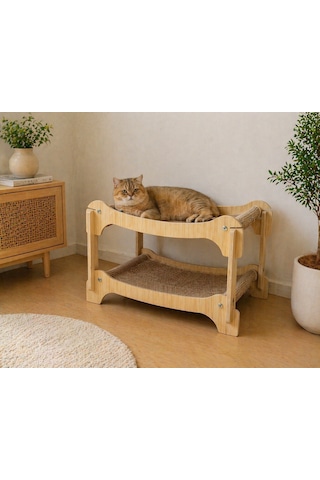 Pureza Ahşap İki Katlı Kedi Yatağı & Dinlenme Standı Hasır Yüzeyli Çift Katlı Tasarım