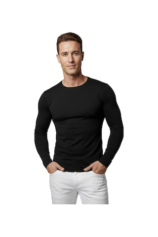 Deepsea Siyah Dar Kalıp Likralı %90 Pamuk Erkek Sweatshirt Vücuda Oturan İnce Penye Sweat 2300423 Siyah