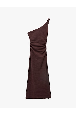 Koton Bürümcük Kumaş Tek Omuz Kolsuz Slim Fit Drapeli Uzun Elbise Kahverengi 6sal80205ık Kahve