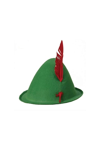 Yeşil Renk Kırmızı Tüylü Peter Pan Şapkası Robin Hood Şapkası 24x23 Cm - Parti Şapkası 0 - 99