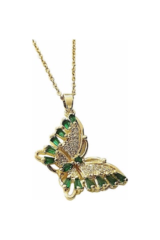 Çelik Bayan Kolye Zirkon Yeşil Taşlı Kelebek Altın Renk Çelik