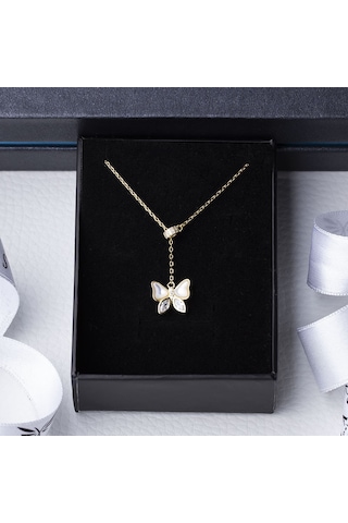 Kelebek Sedef Zirkon Taşlı Gold Rengi Model 925 Ayar Gümüş Kadın Kolye Gold