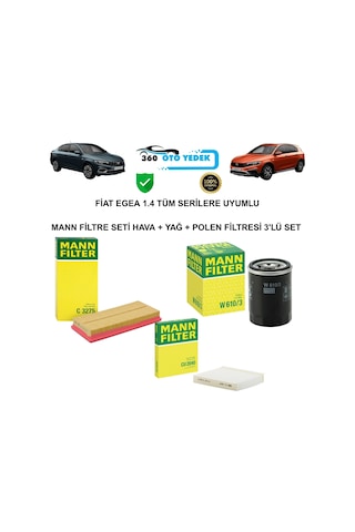 Mann Fiat Egea 1.4 Tüm Serilere Uyumlu Filtre Seti Hava + Yağ + Polen Filtresi 3'lü Set