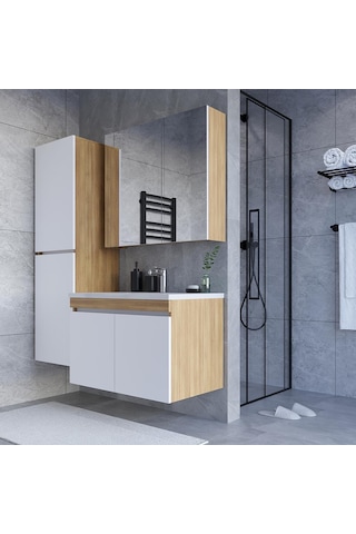 Teta Home Tokyo 80 Cm Mdf Banyo Dolabı Seti +boy Dolabı Teak-beyaz Teak - Beyaz