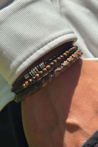 Doğal Taşlı Yılan Derisi Desenli El İşçiliği İle Üretilmiş Hakiki Deri Erkek Bileklik Koyu Kahve