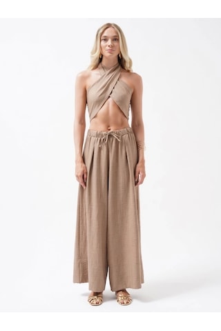 Defymoda Çapraz Bağlamalı Keten Crop Bej