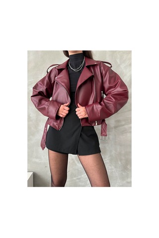Candybia Kadın Oversize Kemerli Kadın Yeni Tarz Ceket Bordo Bordo