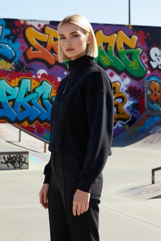 Benerly Kadın Dik Yaka Düşük Kol Fermuar Detaylı Crop Sweatshirt Fonksiyo Antrasit