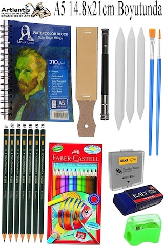 Telli Suluboya Bloğu Kağıdı A5 210gr 20 Yaprak İnce Dokulu Gölgelendirme Zımpara Aquarell Kuruboya Dereceli Kalem Uzatma