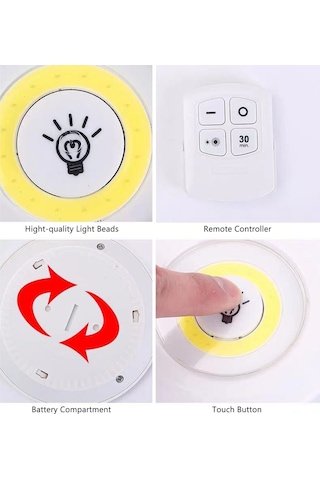 Ximistore9 Cob Led Gece Lambası, Uzaktan Kumanda Ve Dokunmatik Kontrol, Yatak Odası/dolap Işığı, Beyaz Işık, Aaa Pil Gerekli Piller Dahil Değil , 6 Adet Kutulu Set Beyaz