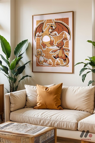 Pokemon Charmander Evrim Poster, Ahşap Çerçeveli Duvar Tablosu - Anime Severlere Özel Hediye