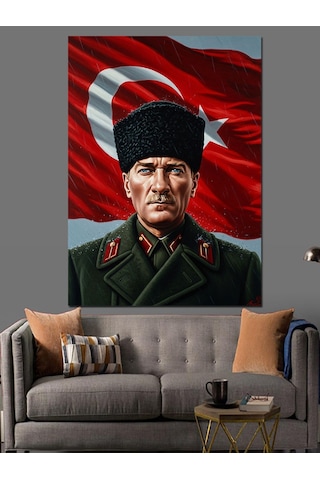 Türk Bayraklı Atatürk Portresi Dekoratif Kanvas - Mdf Ahşap Tablo