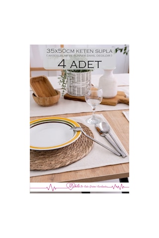 4 Adet 35x50cm %100 Ham Keten Amerikan Supla, Pamuklu Düz Supla, Organik Keten Dekoratif Supla Bej