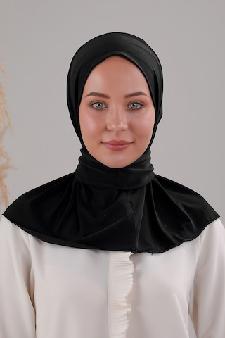 Melodi Scarf Kadın Tesettür Pratik Çıtçıtlı Sandy Fular Hazır Deniz Havuz Uyumlu Bone Siyah Siyah