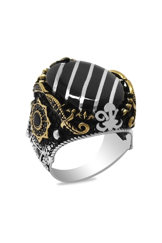 Erzurum Oltu Taşı Üzerine Gümüş Çapraz Şerit İşlemeli Koleksiyonluk 925 Ayar Gümüş Erkek Yüzük Gümüş