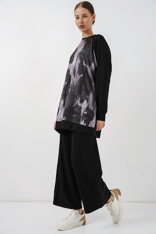 Bigdart Kadın Desenli Oversize Tunik Pantolon İkili Takım 55462 - Siyah