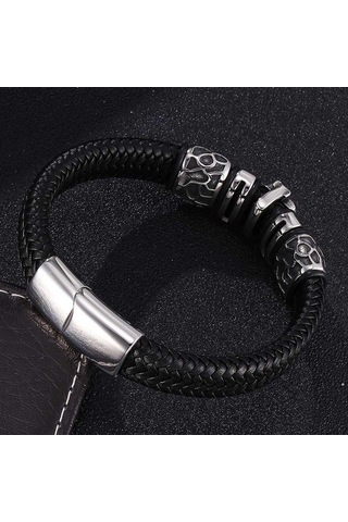 Punk Maça Kafatası Takı Erkek Bileklik Charm Paslanmaz Çelik Bilezikler Siyah Geniş Örgülü Erkek Deri Bileklikler Siyah