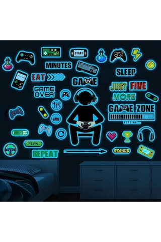 Geekyou Oyun Odası Dekorasyonu Işıklı Oyun Sticker'ları - Kontrolcü, Konsol, Motivasyonel Sözler İle Oyuncu Odası Ve Yatak Odası Duvar Dekoru 30x20 Cm Beyaz