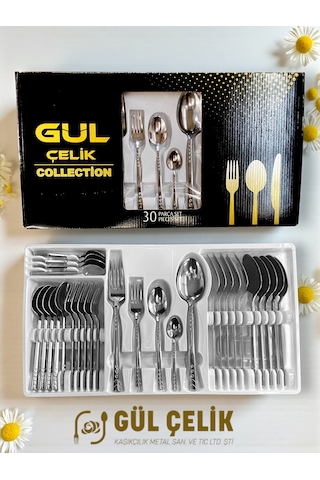 30 Parça 6 Kişilik Çatal Kaşık Seti Boncuk Model Kutulu 18/0 Kalite Çelik