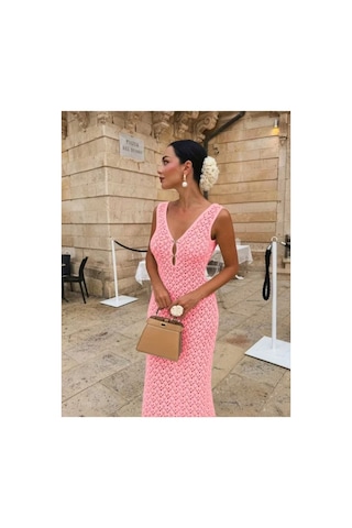 Butik İstanbul Kadın Askılı V Yakalı Uzun Triko Elbise Pembe