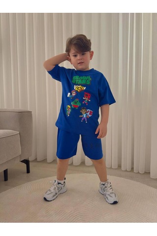 Nurbebekidss Erkek Çocuk Karakterli Penye Şortlu Takım Saks Mavi
