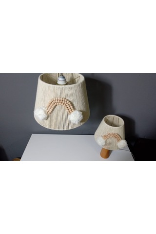 Ekru Makrome Avize Abajur Set Ahşap Boncuklu Bebek Çocuk Odası E27 Uyumlu Ekru