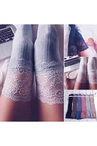 Merry See Parfümlü Dantelli Örgü Diz Üstü Jartiyer Çorap Gri-Gri-Standart (417872409)