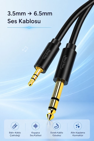 3.5mm - 6.35mm Stereo Ses Kablosu 5 Metre, Amfi Mixer Hoparlör Gitar Profesyonel Ses Sistemi Uyumlu, Altın Kaplama Jak, Bakır İletken, Esnek Pvc, Tak Çalıştır Audio Kablo A150ı