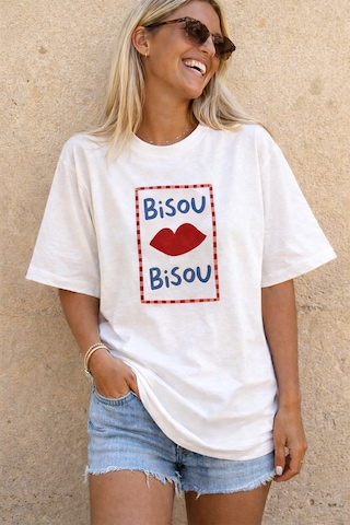 Kadın Premium Kumaş Baskılı Pamuklu Oversize T-shirt Ekru
