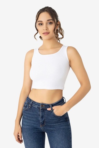 Grey Cat Ev Giyimi Modern Bluz Spor Giyim Kadın Pamuklu Fitilli Halter Yaka Kalın Askılı Crop Beyaz
