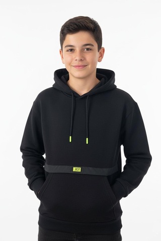 Kapşonlu Kanguru Cepli Detaylı Erkek Çocuk Sweatshirt-90838 Siyah