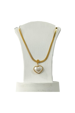 Çelik Bayan Kolye Bombe İnci Kalp Altın Renk Çelik