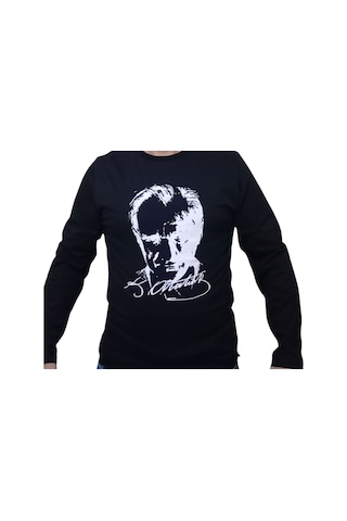 Salar Ticaret Uzun Kollu Siyah Atatürk Tişört Sırtı İmzalı Baskılı Unisex Modl Siyah