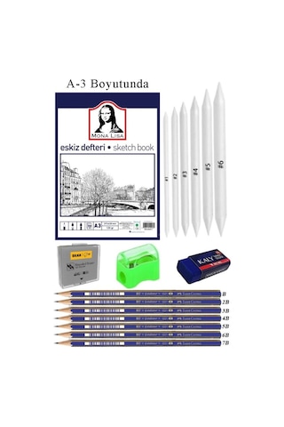 Eskiz Defteri A3 50 Yaprak Karakalem Çizim Seti Gölgelendirme Kalemi Hamur Silgi Faber Castell Dereceli Kalem