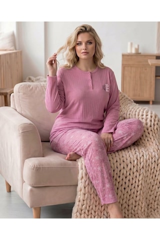 Eyfuze Kadın Kışlık Büyük Beden Curve Nakışlı Desenli Yakası Düğmeli Uzun Kollu Pijama Takımı Koyu Pembe