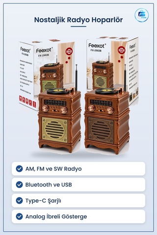 Nostaljik Radyo Hoparlör Am Fm Sw Bluetooth Usb Type C Şarjlı Ret