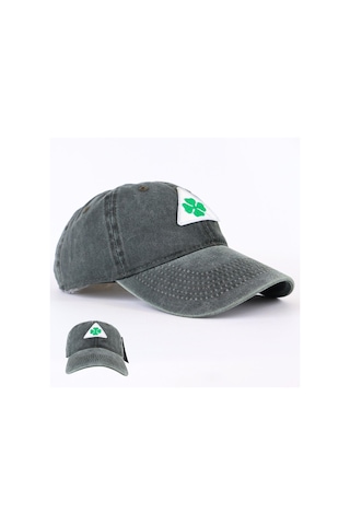Perlotus Vintage Yıkamalı Pamuk Şapka Dört Yapraklı Yonca Nakışlı Yeşil Siyah