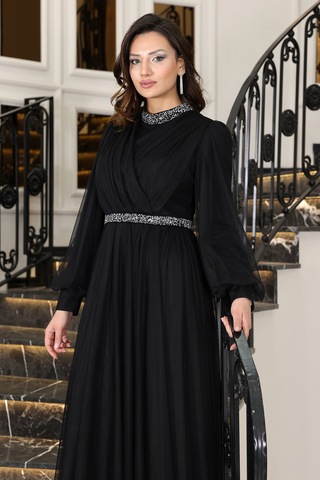 Senna Taş Detaylı Büyük Beden Şık Tesettür Abiye Siyah