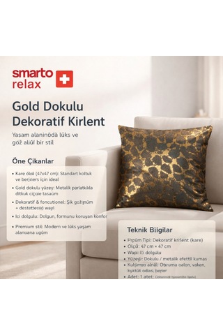 Smarto Relax Dolgulu Kırlenttekli Antibakteriyel Desenli Dekoratif 45x45 Cm Siyah - Altın