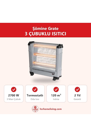 Hsr Home Living Şömine Grate 3 Çubuklu Elektrikli Isıtıcı 2700w Termostatlı Devrilme Emniyetli