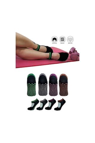 4 Çift Pamuklu Renkli Kaymaz Taban Silikon Baskılı Yoga Fitness Pilates Ve Aktivite Kadın Çorabı Çok Renkli