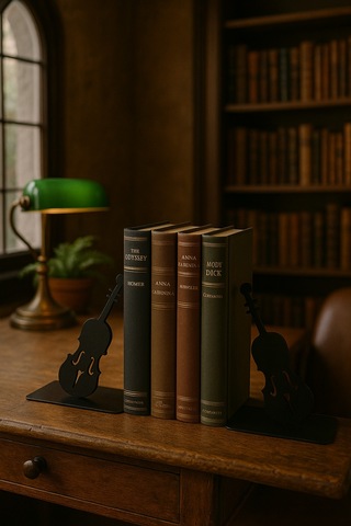 Çello Figürlü Metal Kitap Tutucu 2 Li Set Müzik Temalı Dekoratif Kitaplık Düzenleyici