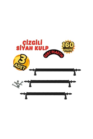 Çizgili Siyah Plastik Mobilya Kulpu 160mm 3 Lü Siyah