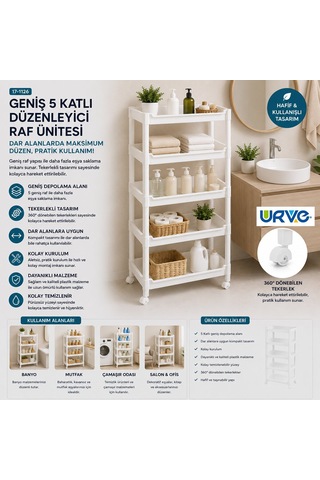 Urve Ur-3600 Rafty Geniş 5 Katlı Tekerlekli Sepet Organizer Raf Ünitesi 355x220x850 Mm Diğer