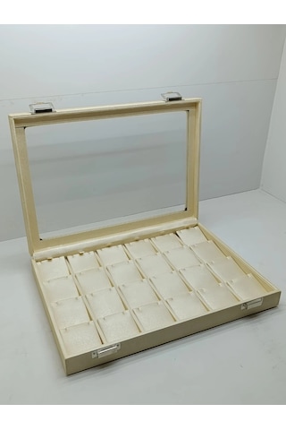 Yeni Cam Kapaklı Imera Deri Kumaş Krem Renk 34 Cm / 24 Cm 20 Bölmeli Küpe Sergileme Standı