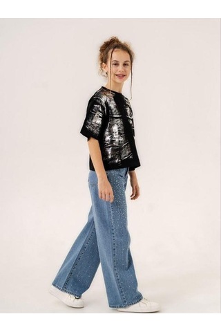 Zekids Kız Çocuk Bol Paça Taşlı Denim Pantolon-13901-mavi Mavi